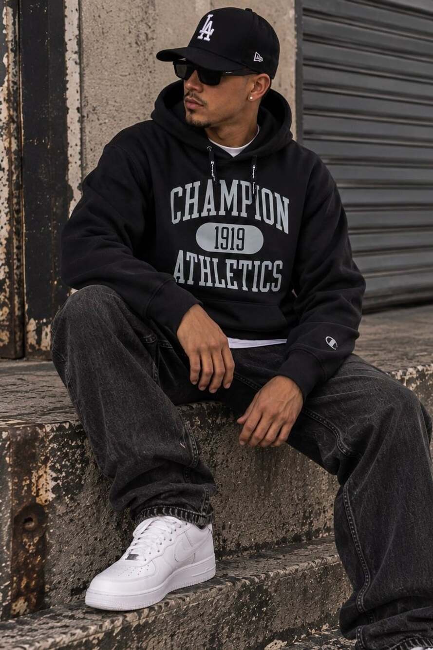 Champion 1919 Athletics Black Pullover Hoodie with Thumbholes